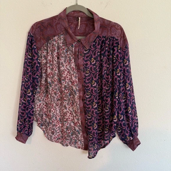Free People Dani Blouse Size Small Purple Brown Floral Button Up Loose Sheer - Picture 1 of 7